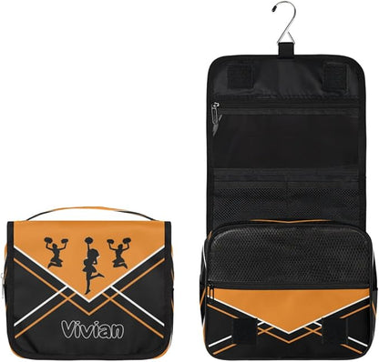 Custom Travel Toiletry Bag with Hanging Hook, Spacious Waterproof Cheerleading Toiletry Bag for Women for Travel Accessories, Toiletries Essentials. Orange Black Cheer