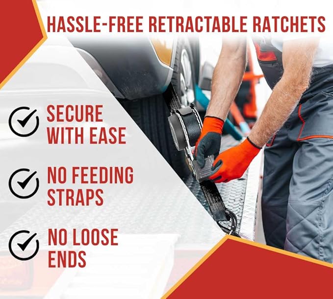 Mytee Products 4 Pack 1''x12' Retractable Ratchet Straps with Safety Lock S Hook, 1500 Breaking Strength, 4 Soft Loops & Storage Bag - Self Ratcheting Tie Down Strap for Boat, Jet Ski, ATVs, Bikes