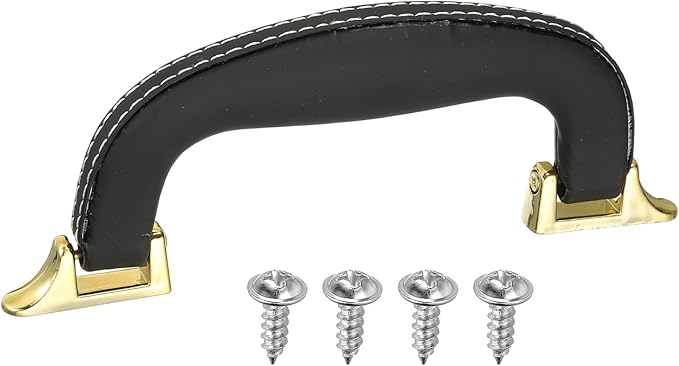 uxcell PU Leather Luggage Handle, 0.9" Hole Distance Vintage U-Shape Replacement Strap Handle for Travel Handbag Guitar Musical Box Gift Boxes, Black/Gold