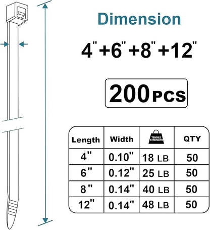 Zip Ties Assorted Sizes 4+6+8+12 inch, 200 Pack, Black Cable Ties, UV Resistant Wire Ties for Indoor and Outdoor Use, LOCKLOCK