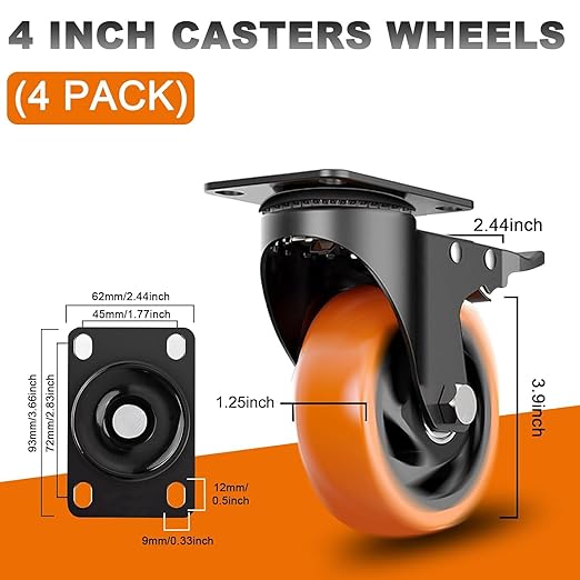 MSH&HCE 4 Inch Caster Wheels, Heavy Duty Break Casters Set of 4 Locking Casters Swivel Polyurethane(PU) Industrial Wheels, Quiet Caster Wheel for Cart Furniture and Workbench (Two Hardware Included)