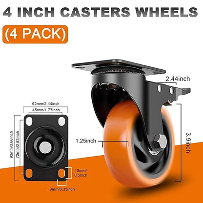 MSH&HCE 4 Inch Caster Wheels, Heavy Duty Break Casters Set of 4 Locking Casters Swivel Polyurethane(PU) Industrial Wheels, Quiet Caster Wheel for Cart Furniture and Workbench (Two Hardware Included)