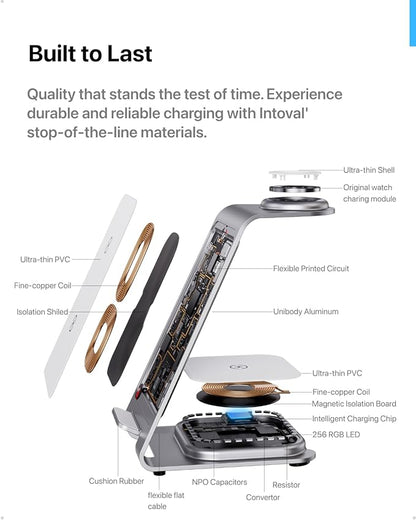 Intoval Aluminum 3 in 1 Wireless Charging Station for iPhone 17 16 15 14 13 12 11 Pro Max XR, Wireless Charger for Apple Watch 11 10 9 8 7 Ultra SE 3 2, Phone Charger for AirPods 4 Pro 2 3 (Silver)