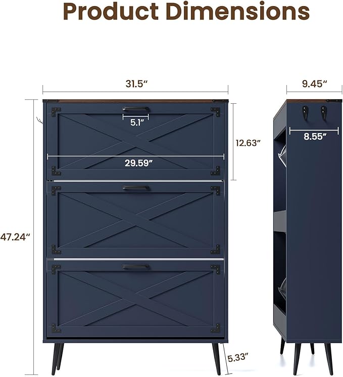 Shoe Organizer Cabinet Narrow with 3 Flip Drawers Shoe Rack Cabinet Hidden Slim Freestanding Shoe Storage Cabinet 24 Shoes for Entryway,Living Room, Blue Walnut