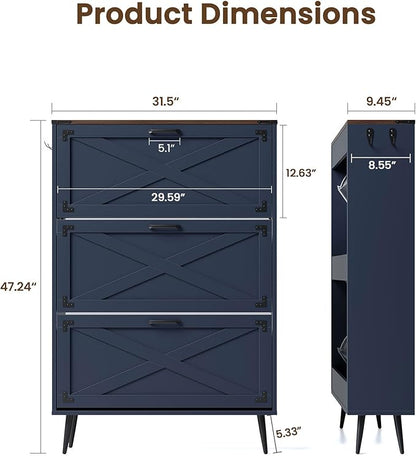 Shoe Organizer Cabinet Narrow with 3 Flip Drawers Shoe Rack Cabinet Hidden Slim Freestanding Shoe Storage Cabinet 24 Shoes for Entryway,Living Room, Blue Walnut