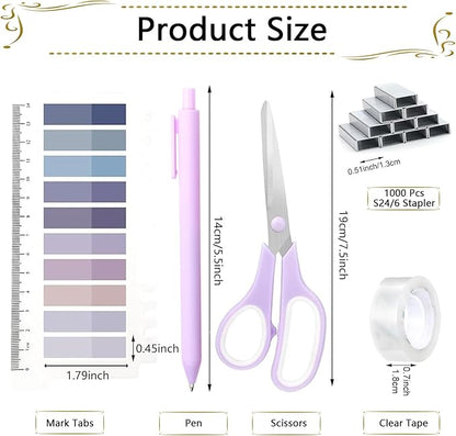 Office Supplies Set,Desk Accessories,Stapler and Tape Dispenser Set,1000 Staples,Staple Remover,Hinder Clips,Scissor,Index Tabs,Clear Tape,Ballpoint Pen,Coworkers(Purple)