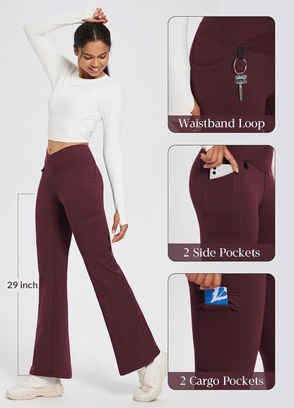 baleaf Women's Fleece Lined Pants Winter Thermal Water Resistant Crossover Flare Leggings Warm Bootcut Hiking Outdoor