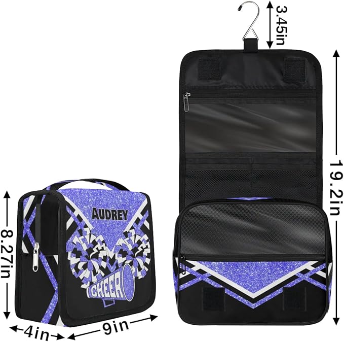 Personalized Hanging Toiletry Bag for Women, Large Capacity Cheerleading Travel Custom Name For Mothers Day, Birthday, Anniversary, Wedding, Light Blue Glitter Black