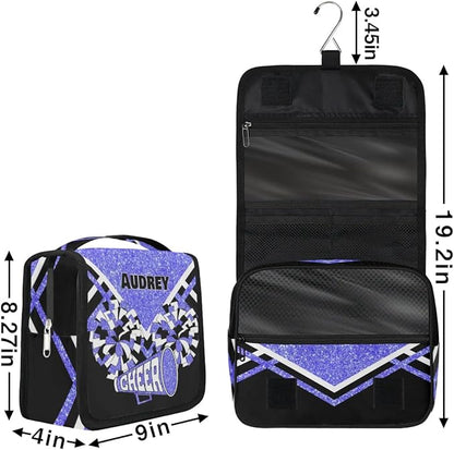 Personalized Hanging Toiletry Bag for Women, Large Capacity Cheerleading Travel Custom Name For Mothers Day, Birthday, Anniversary, Wedding, Light Blue Glitter Black