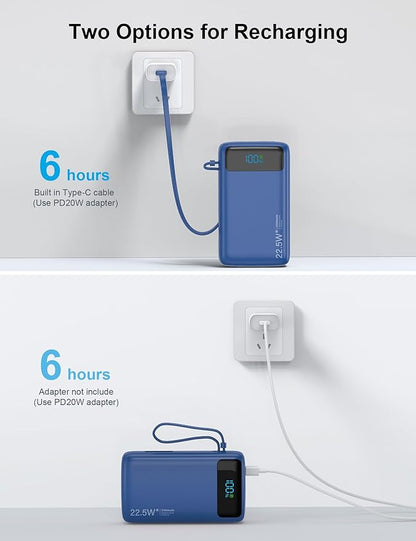 Portable Charger, 27000mAh 22.5W Fast Charging Power Bank with Built-in Cable, USB C Battery Pack with LED Display & Flash Light, Travel Essential External Battery Charger Bank for iPhone Samsung Navy