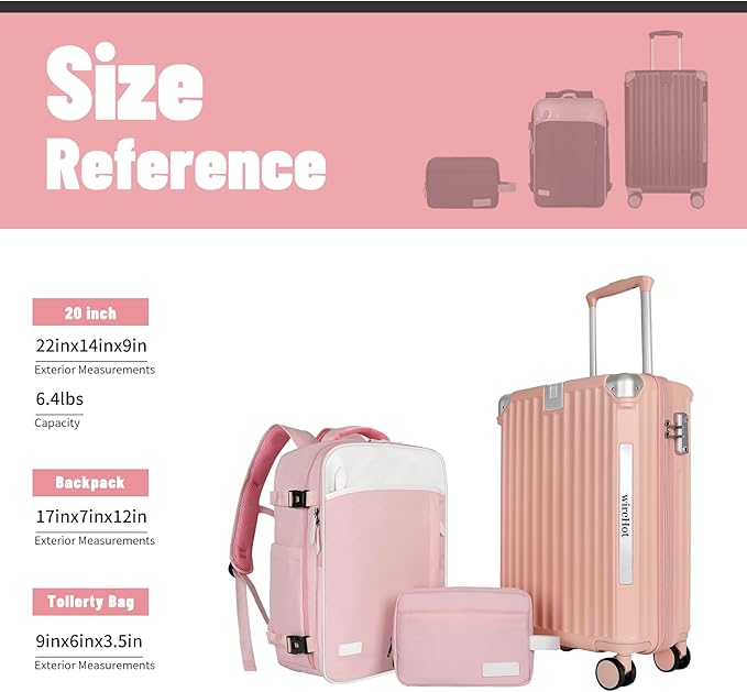 22x14x9 Airline Approved Vintage Style Carry On Luggage with Backpack Sets for Women, ABS+PC Hardshell Small 20 inch Retro Suitcase with Protective Cover & Tag (Pink, 20in/BP/TB)