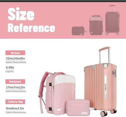 22x14x9 Airline Approved Vintage Style Carry On Luggage with Backpack Sets for Women, ABS+PC Hardshell Small 20 inch Retro Suitcase with Protective Cover & Tag (Pink, 20in/BP/TB)