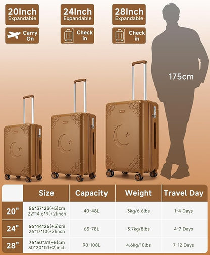 Somago 3 Piece Luggage Set with Cup Holder, Expandable 25% Capacity Suitcase with Shock-Absorbing Braking Spinner Wheels Moon Star Design Hardside Suitcase with TSA Lock (Toffee Brown,Expandable Sets)