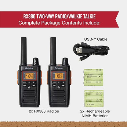 Cobra RX380 Walkie Talkies (2-Pack) – Weather Resistant Two Way Radios Long Range, 40 Pre-Programmed Channels, Weather Alerts, LED Flashlight, Long-Life NiMH Batteries (Black)