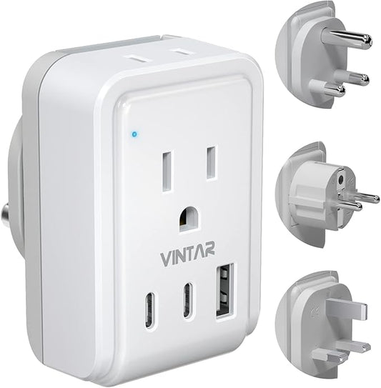 South Africa Power Adapter Kit, VINTAR International Plug Adapter with 3 USB Ports (2 USB C, 3.4A) 2 American Outlets, Type M,G,E/F Detachable Attachments, Adapter for US to Africa Botswana Morocco
