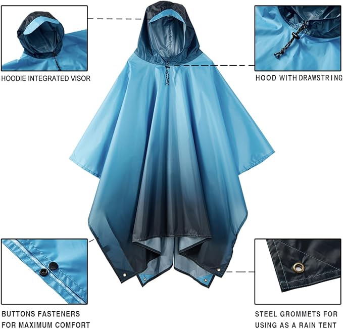 Hooded Rain Poncho for Adult, Waterproof Lightweight Raincoat for Hiking Camping