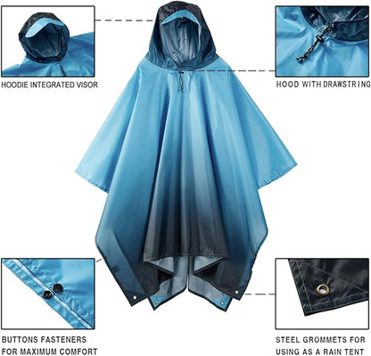 Hooded Rain Poncho for Adult, Waterproof Lightweight Raincoat for Hiking Camping