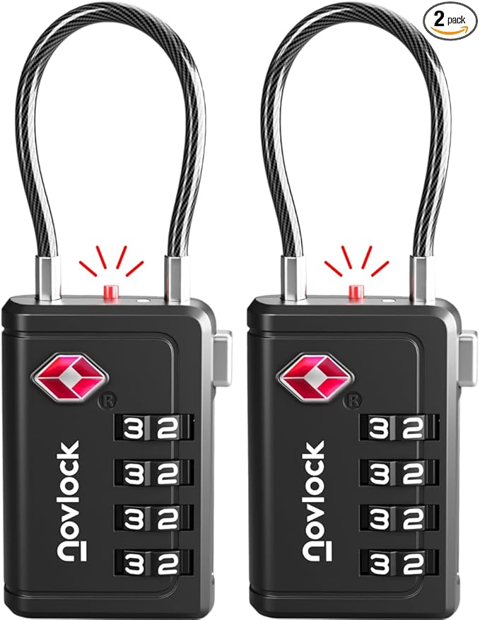 TSA Approved Luggage Locks | Inspection Indicator, 4-Digit Combination, Durable Zinc Alloy | for Suitcases, Backpacks, Travel Bags | Black, 2-Pack