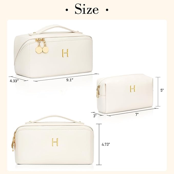 Birthday Gifts for Women Teen Girl, Personalized Initial Makeup Organizer Bag Set, Open Flat Travel Cosmetic Bag With Clear Divider and Handle(Beige,H)