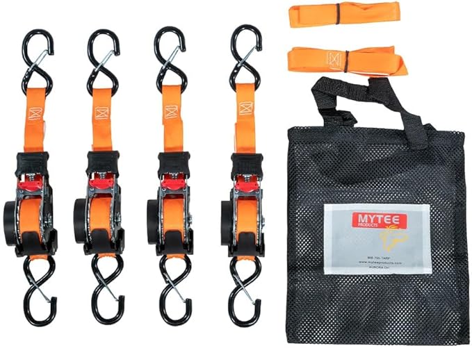 Mytee Products 1'' x 12' Retractable Ratchet Straps Kit with Safety Lock S Hook, 4 Soft Loops & Storage Bag - Self Ratcheting Tie Down Strap with 500 lbs WLL for Boat, Jet Ski, ATVs, Bikes - Orange