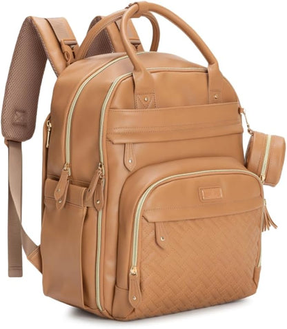 BabbleRoo Leather Diaper Bag Backpack - Baby Essentials Travel Baby Bag, Multi function, Water Resistant, with Changing Pad, Stroller Straps & Pacifier Case – Unisex, Light Brown