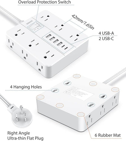 Power Strip Surge Protector 23ft Extension Cord,SMNICE Flat Plug with 12 Outlets 6 USB(2 USB C),Surge Protector Charging Station with Overload Protection for Home, Dorm,Office