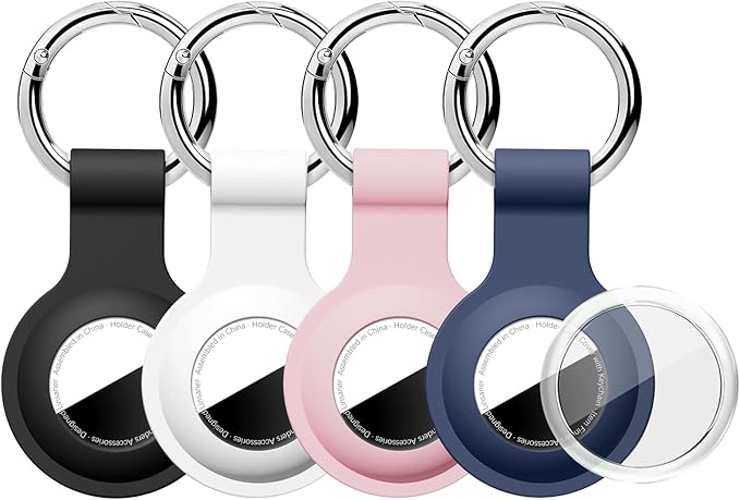 Upgraded for AirTag Holder with Clear Cover Full Coverage Case Keychain for Air Tag, Silicone for AirTags 4 Pack for Apple Holder GPS Tracker Item Tag Finders, Black/Blue/Pink/White