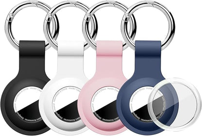 Upgraded for AirTag Holder with Clear Cover Full Coverage Case Keychain for Air Tag, Silicone for AirTags 4 Pack for Apple Holder GPS Tracker Item Tag Finders, Black/Blue/Pink/White
