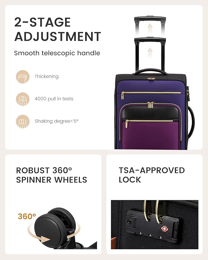 LOVEVOOK Carry on Suitcase 22x14x9 Airline Approved,20 inch Lightweight Waterproof Suitcases with 360° silent swivel wheels, TSA Lock and Compartment, travel Suitcase Black-violet-indigo-Purple