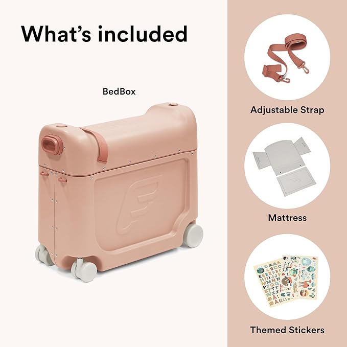 Stokke JetKids BedBox, Coral Pink - Ride-On Suitcase for Kids 2-7 Years Old (up to 77 lbs) - Transforms Into Bed - Includes Mattress, Decorative Stickers & Adjustable Carrying Strap