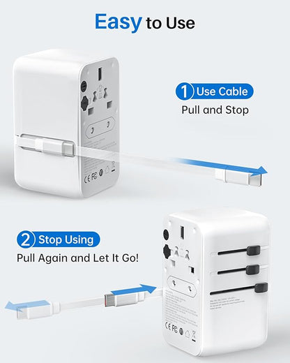 DOACE Universal Travel Adapter, 100W GaN 3.0 International Power Adapter with Built-in USB-C Cable, 6 in 1 Travel Adapter with 5 USB Ports, Plug Adapter Worldwide for EU/UK/USA/AUS(White)