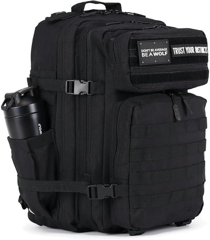 WOLFpak 45L Athletic Gym Backpack - Durable 1000D Waterproof Oxford Material with MOLLE Webbing, Laptop Pocket & Dual Cup Holders, Durable Fitness/Travel/Military Daypack (Alpha Black)