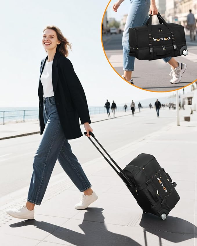 21 Inch Rolling Duffle Bag with Wheels for Men - Water Resistant Wheeled Duffle Bag for Weekend Travel & Overnight Trips