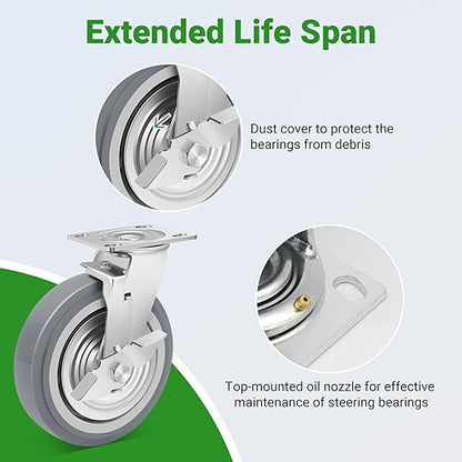 Nefish 8 Inch Heavy Duty Casters Wheels, Industrial Grade Thermoplastic Rubber Casters with Brake 6000 LBS, Ball Bearing Plate Swivel Castors Set of 4, Casters Wheels for Hand Truck, Industrial