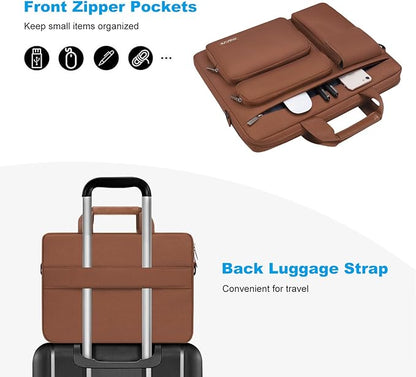 MOSISO Laptop Shoulder Bag 15.6 inch, 15-15.6 inch Computer Bag Compatible with MacBook Pro 16 inch, HP, Dell, Lenovo, Notebook with 2 Raised&1 Flapover&1 Horizontal Pocket&Handle&Belt, Caramel Brown