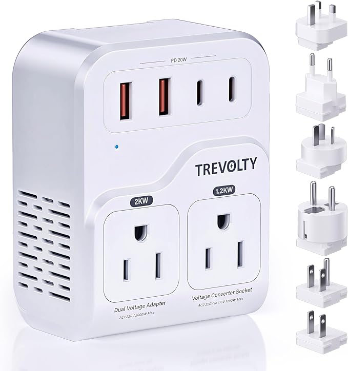 2000W Voltage Converter, 220V to 110V Converter for Hair Dryers PC Phone Kettle, Universal Travel Plug Adapter for 230+ Countries, 7 in 1, 3 AC/2 USB/2 Type-C Ports
