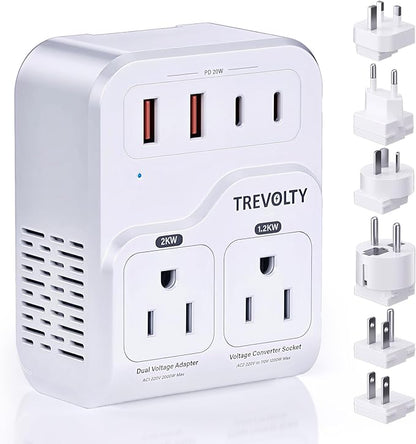 2000W Voltage Converter, 220V to 110V Converter for Hair Dryers PC Phone Kettle, Universal Travel Plug Adapter for 230+ Countries, 7 in 1, 3 AC/2 USB/2 Type-C Ports