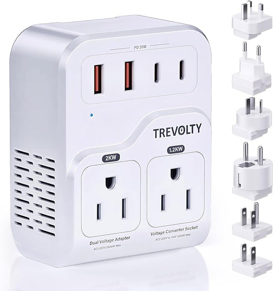 2000W Voltage Converter, 220V to 110V Converter for Hair Dryers PC Phone Kettle, Universal Travel Plug Adapter for 230+ Countries, 7 in 1, 3 AC/2 USB/2 Type-C Ports