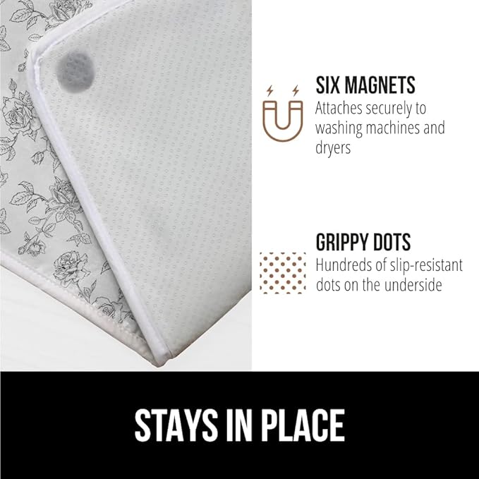 GORILLA GRIP Ironing Mat, Portable Iron Pad, Magnetic Cover for Top of Laundry Washer, Dryer, Table Top, Countertop Blanket, Silicone Coating and Scorch Resistant, Travel Size 28x24, Gray Floral