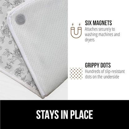 GORILLA GRIP Ironing Mat, Portable Iron Pad, Magnetic Cover for Top of Laundry Washer, Dryer, Table Top, Countertop Blanket, Silicone Coating and Scorch Resistant, Travel Size 28x24, Gray Floral