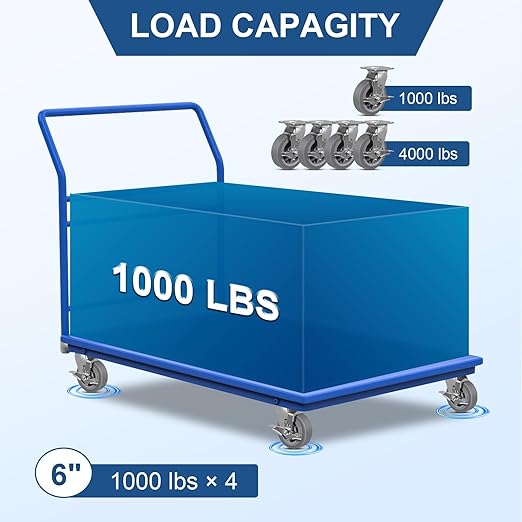 6 Inch Rubber Wheels (Flat Tread)- Heavy Duty Casters, Industrial Caster Wheels- with up to 1000 LB Capacity- Use for Dollies, Utility and Maintenance Carts(1 Brake)