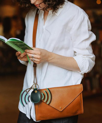 Genuine Leather AirTag Keychain Compatible with Apple AirTag Holder Leather Key Ring. Anti Lost Anti Scratch Secure Key Chain Case for Pet Collar Luggage Travel. Full Cover Protective Air Tag Keyring