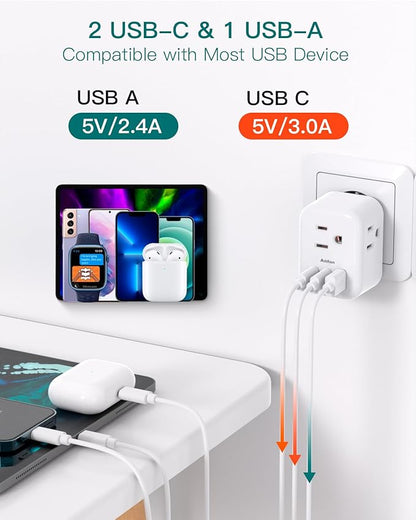 3 Pack European Travel Plug Adapter, Addtam US to Europe Plug Adapter with 3 Outlets 3 USB Charger (2 USB C Port), Type C Power Adaptor to Italy Spain France Portugal Iceland