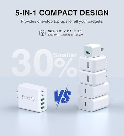 [2-Pack] USB C Wall Charger,60W 5-Port PD Fast USB C Charging Block,2USB C+3USB A Multiport Plug,Type C Power Adapter Brick Cube for iPhone 17/16/15/14/13/12/Pro Max/XS,iPad,for Switch,Samsung,Ultra 2