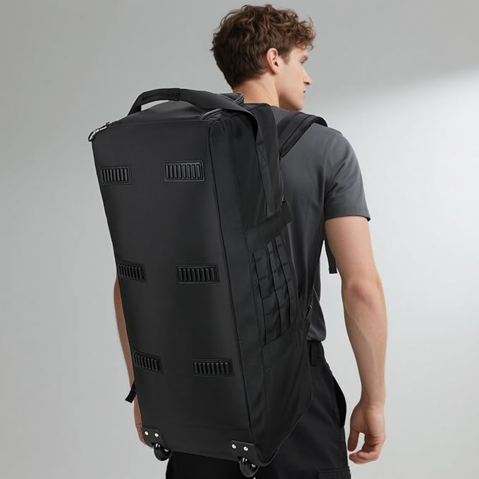 80L Waterproof Rolling Duffel Bag with Quick-Release Straps, Military Tactical Wheeled Foldable For Deployment Traveling Camping Sporting (Black)