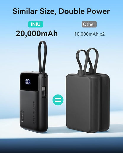 INIU 45W Portable Charger, Smallest 20000mAh Power Bank with Build in USB-C Cable, Fast Charging USB C in&Out Battery Pack, Travel Phone Charger for iPhone 17 16 15 Air Samsung S25 S24 Google iPad etc