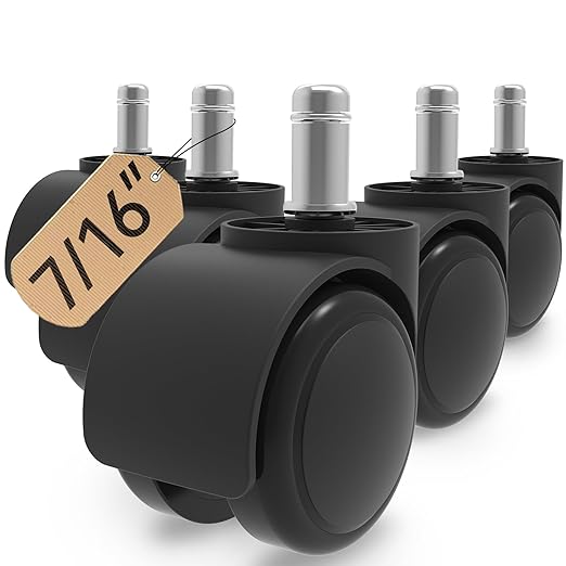2 Inch Office Desk Chair Wheels Replacement, Computer Gaming Casters for Carpet Stem 7/16-7/8, Set of 5 for Furniture Hardwood Hard Floors Chair Castors Tile Smooth Safe Quiet Rolling 880 LB, Black