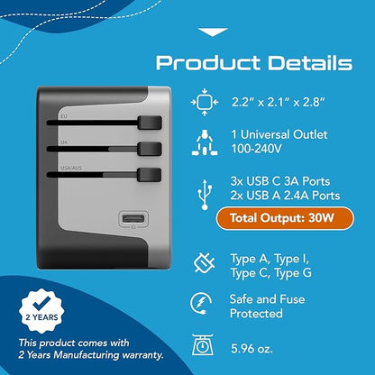 Universal Travel Power Adapter, Ceptics 6 in 1 Worldwide International Wall Charger with 2X USB-A - 3X USB-C 6A, Travel Power Adapter for for USA EU UK AUS Mobiles Laptops Cameras, UP-30KU-BL