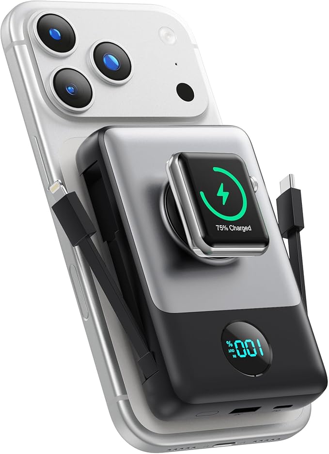 6 in 1 Magnetic Portable Charger for iPhone with Built-in Cables, 10800mAh 25W PD Fast Charging Power Bank, 6 Outputs LCD Display Travel Essential Battery Pack for iPhone 17/16/15/14/13/12,Apple Watch