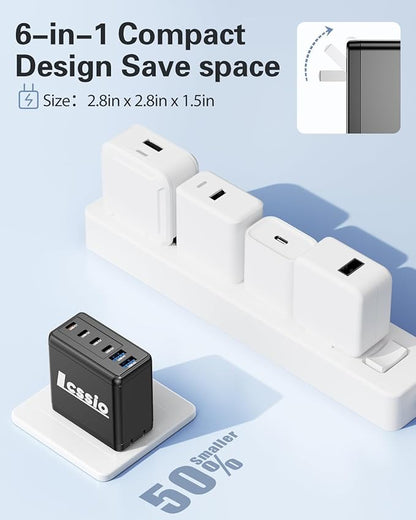 2 Pack 200W USB C Charger with 4 USB Cables, 6-Port Wall Charger, Laptop Fast Charger Type C Charging Block for MacBook Pro, Dell XPS, iPhone 17, iPad, Tablet, Chromebook Black